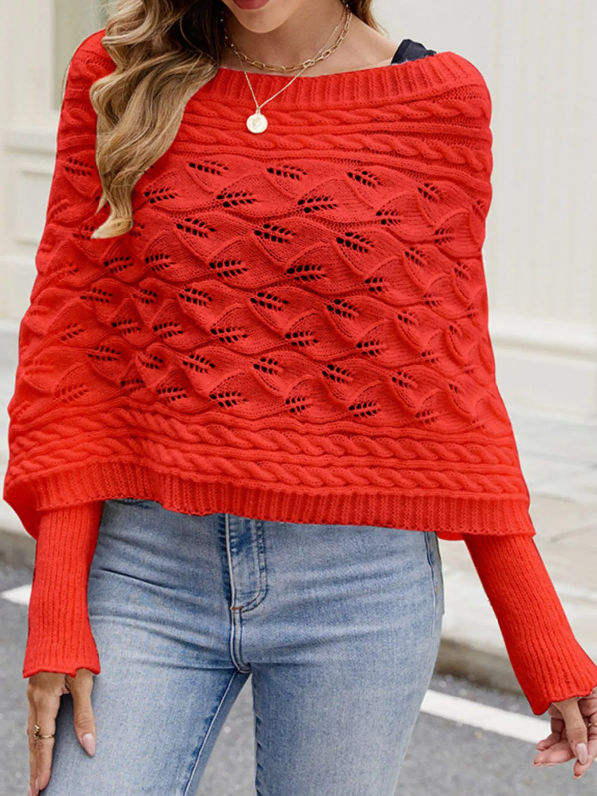 Cable knit batwing sleeve sweater from Plush Fashion Hub, showcasing its cozy, textured knit and relaxed fit design.