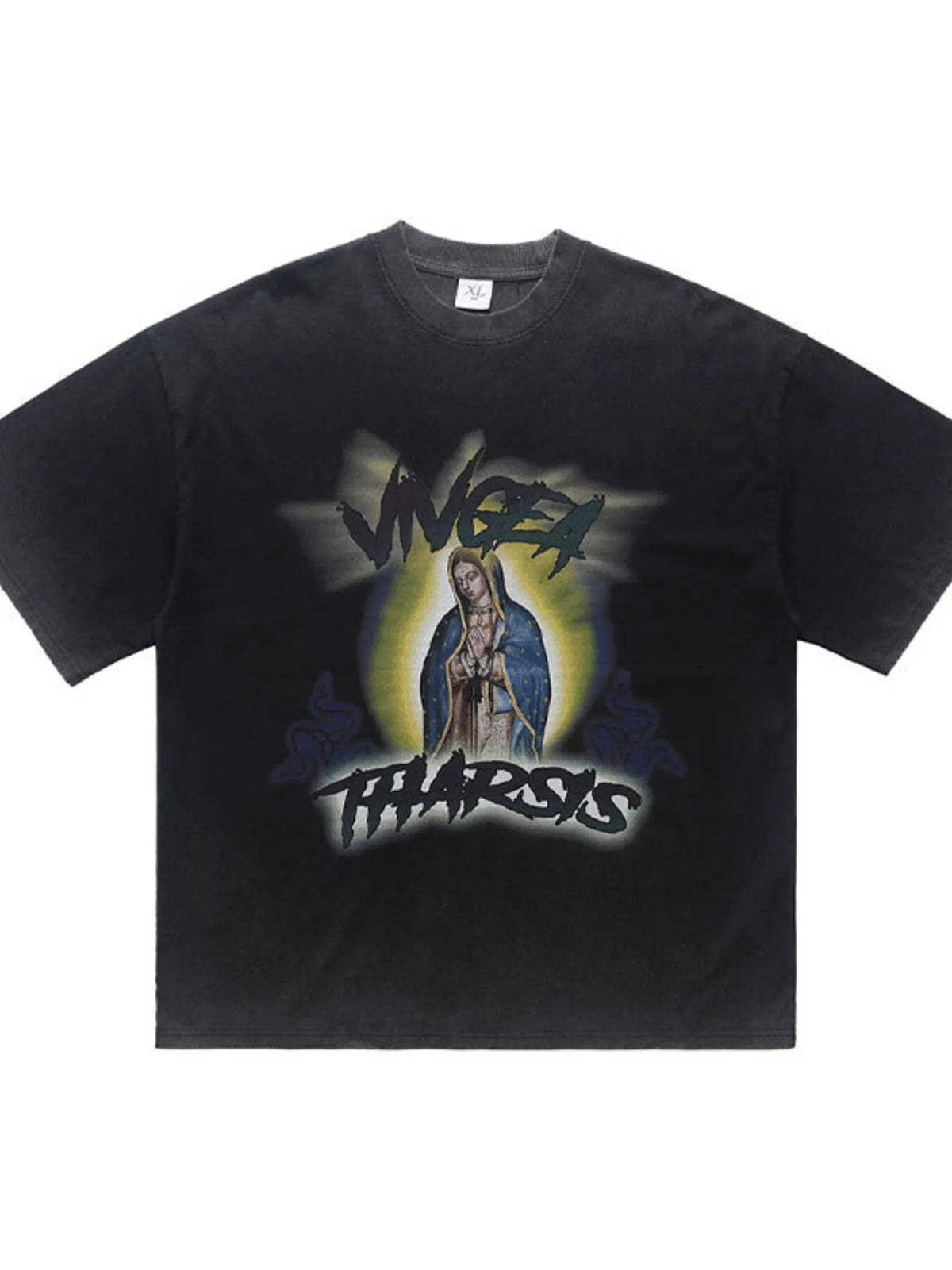 Men's graphic round neck short sleeve T-shirt by Trendsi, featuring a stylish printed design on soft fabric.