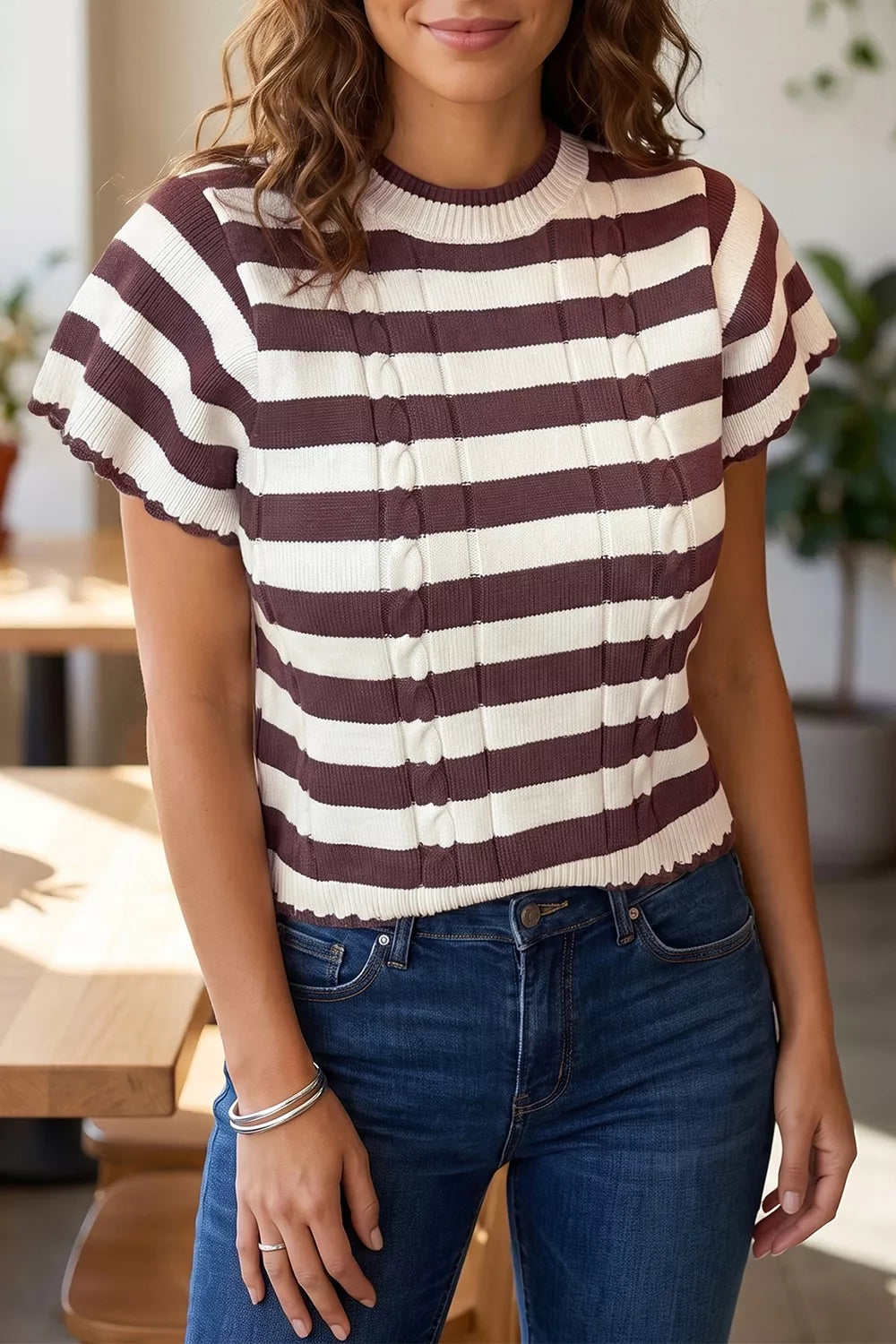 Women’s short sleeve stripe ribbed knit sweater with cable detailing, stylish Trendsi cable knit sweater, casual and comfortable design