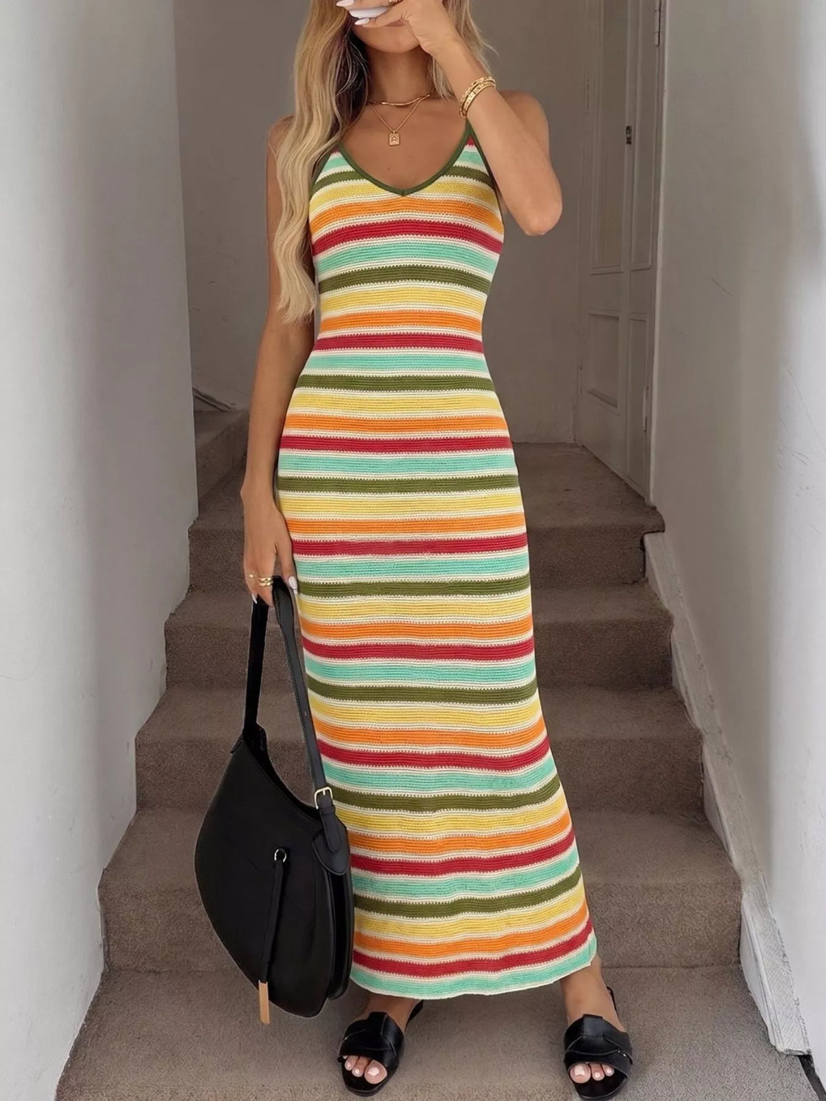 Striped Plush Fashion Hub bodycon knit midi dress with long sleeves and fitted silhouette, stylish and comfortable for casual wear