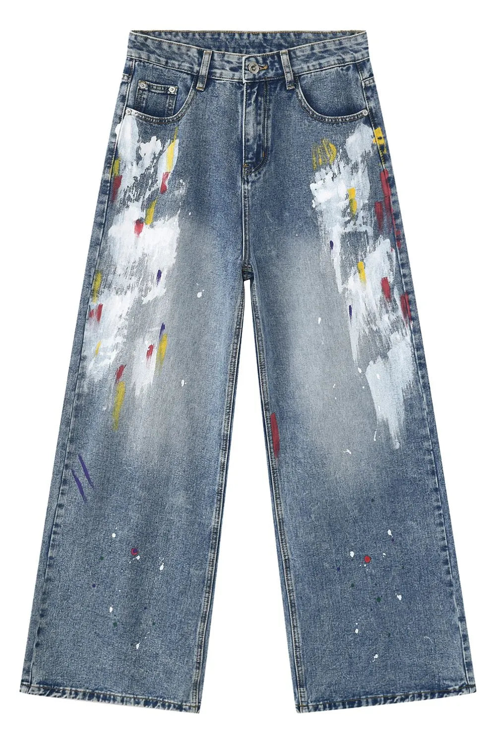 Denim jeans with painted design and pockets by Plush Fashion Hub, showcasing a stylish casual look.
