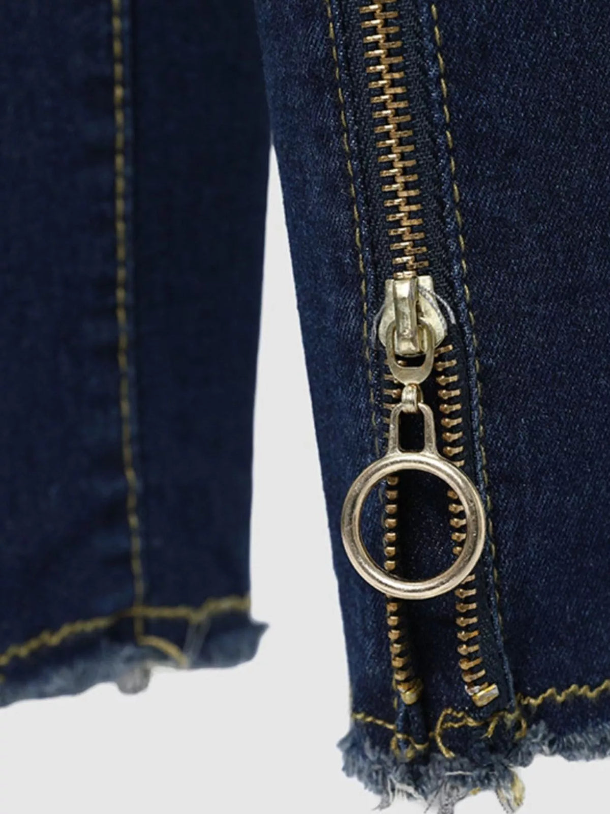 Plush Fashion Hub zipper front skinny jeans in dark denim, showing fitted style with front zipper closure and classic five-pocket design.