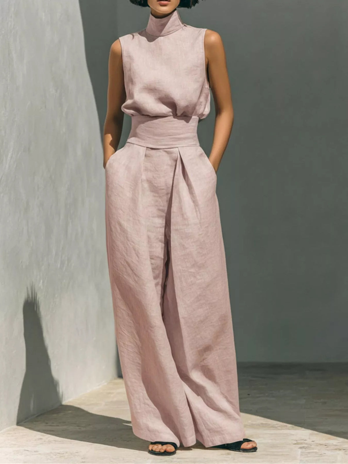 Plush Fashion Hub sleeveless turtleneck top and wide-leg pants set, soft plush fabric, stylish casual outfit for women.