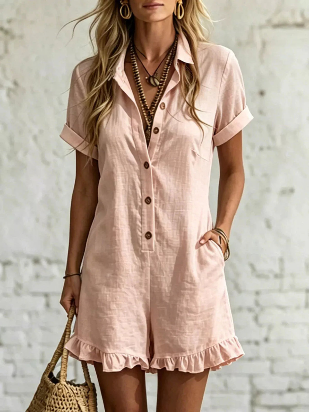 Plus size casual romper with button front and ruffled hem by Trendsi, featuring a stylish, full-size design perfect for relaxed wear.