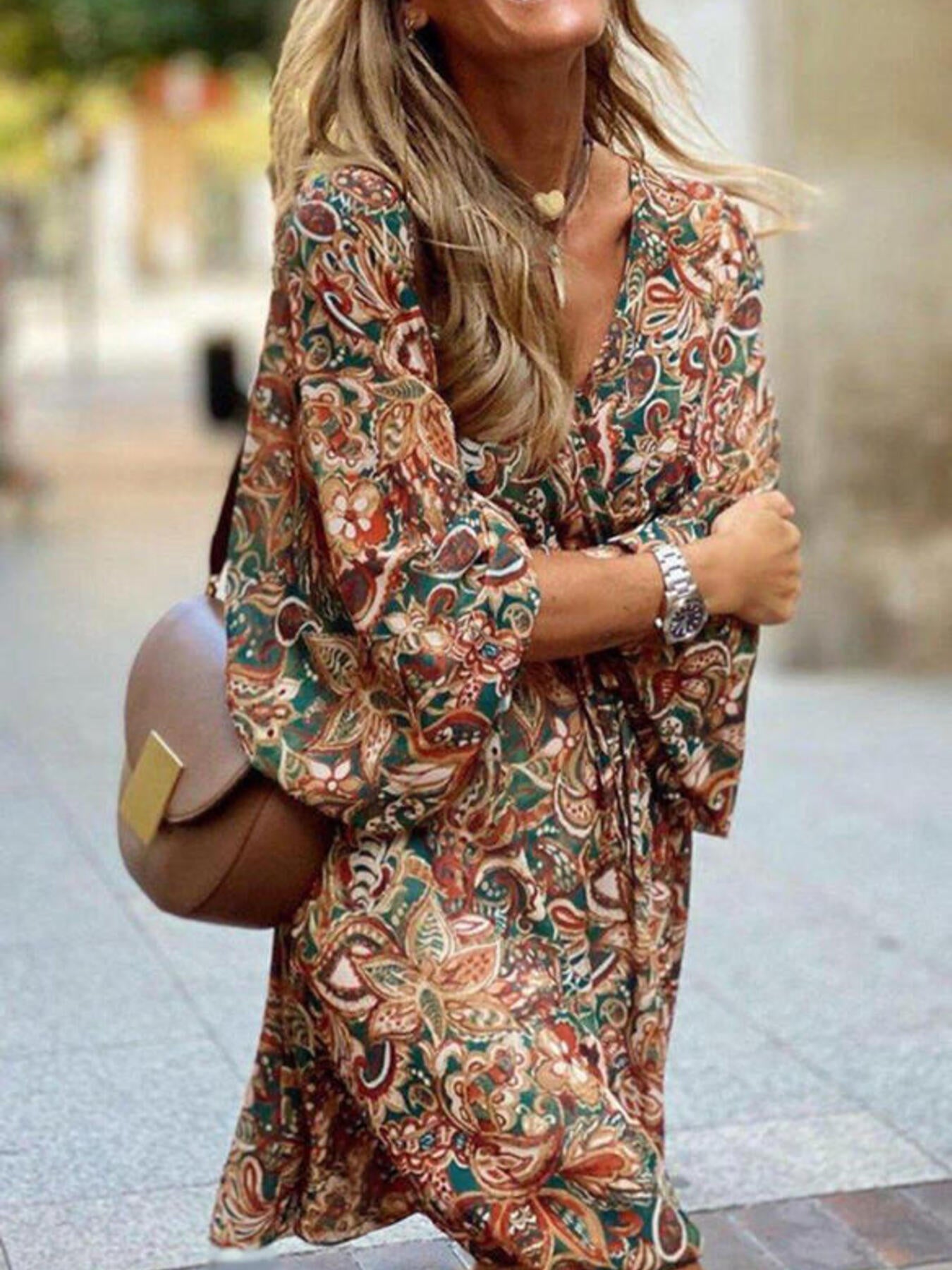Paisley print balloon sleeve mini dress by Trendsi featuring boho style and a flowy silhouette, perfect for stylish parties.