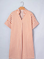 Stripe pinched V-neck mini dress with turn-up cuffs and pockets, trendy dress by Trendsi, shown in the image.
