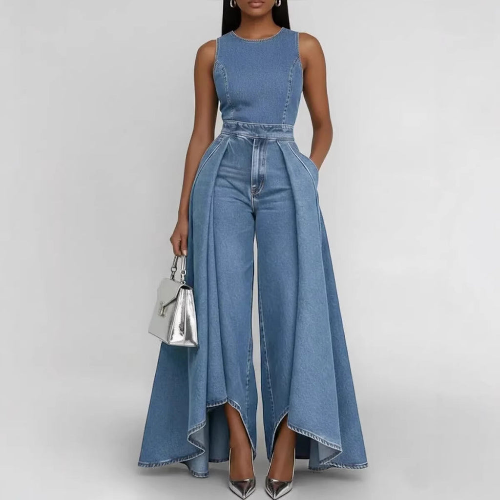 Women’s sleeveless wide-leg denim jumpsuit by FitiqueFit featuring a casual crew neck design and relaxed fit.