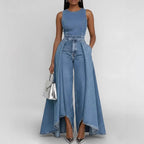 Women’s sleeveless wide-leg denim jumpsuit by FitiqueFit featuring a casual crew neck design and relaxed fit.