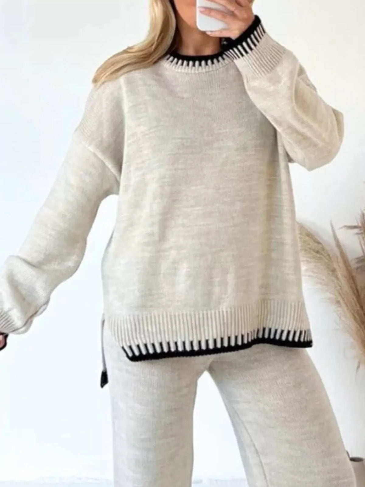 Simply Love contrast trim round neck top and pants sweater set, featuring a cozy knit fabric and stylish design.