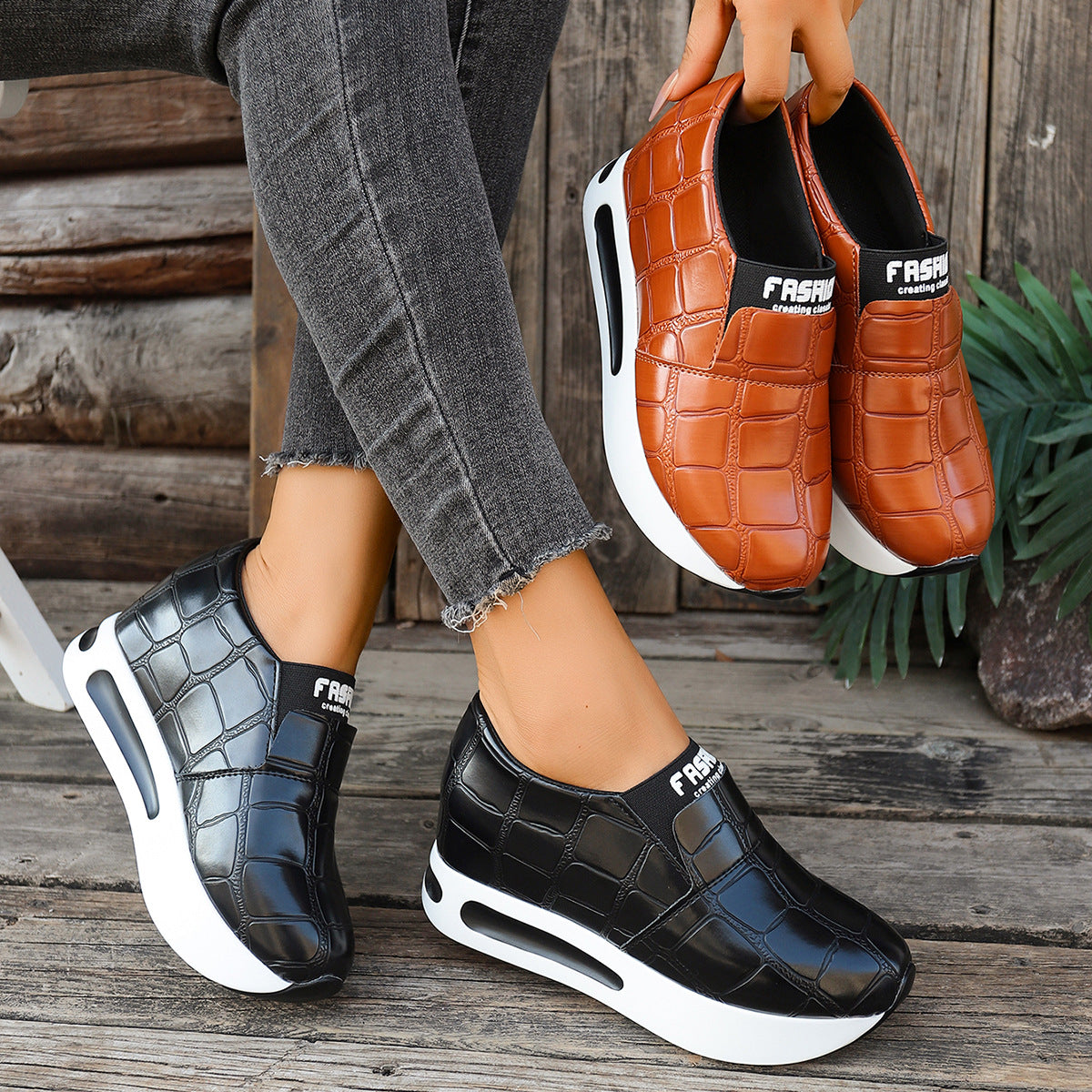 Women's faux leather crocodile pattern platform slip-on sneakers by Plush Fashion Hub, showcasing stylish design and textured surface.
