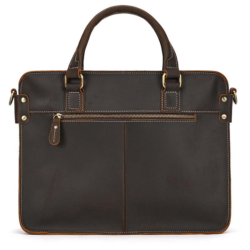 Pi-Mart Retro Crazy Horse leather briefcase with 14-inch size, featuring a vintage-style design for business and commuting.