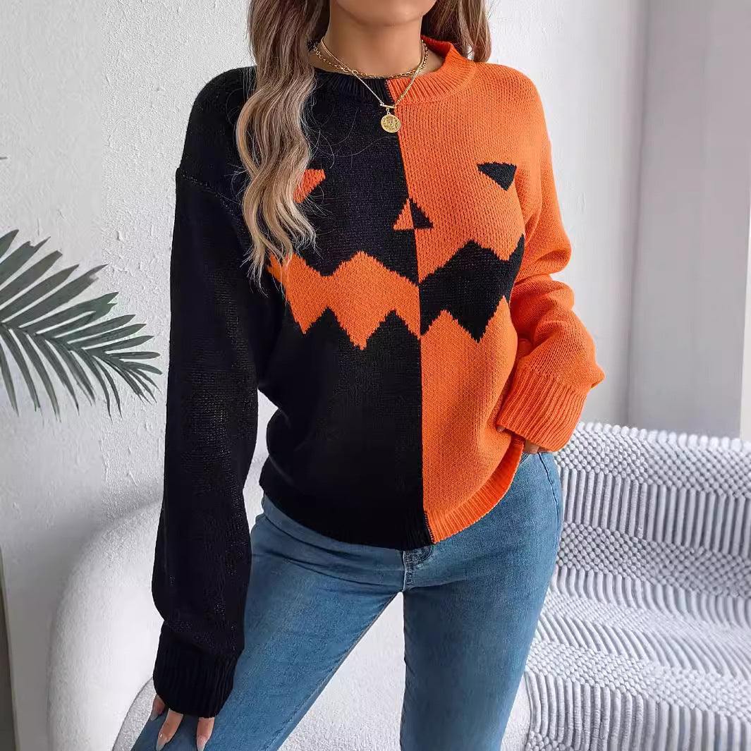 Halloween Contrast-Color Pullover Sweaters For WomenBe the talk of the Halloween party with our stylish and unique Contrast-color Pullover Sweater. Made with comfortable and high-quality acrylic, our sweater features SweaterPlush Fashions ShopPlush Fashion Shop