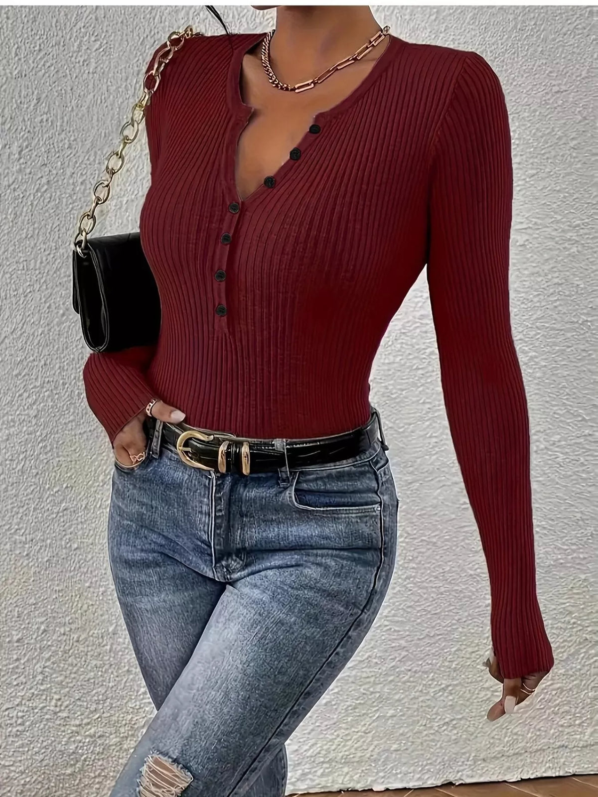 Simply Love ribbed knit button-front knit top, featuring a fitted design with a V-neck and long sleeves.