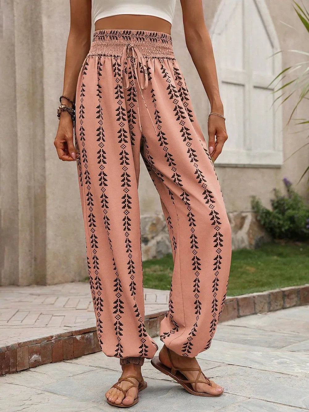 Plush Fashion Hub printed high-waist pants with a comfortable fit and stylish design, shown on a model.