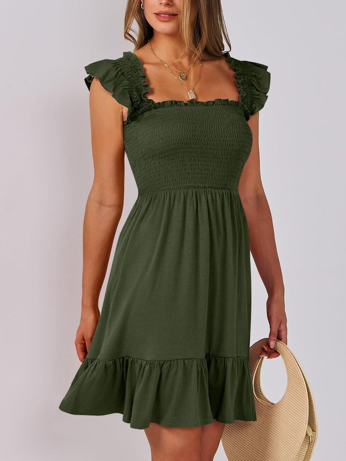 Women’s lightweight summer dress by Plush Fashion Hub with smocked bodice, ruffle hem, mini length, casual style.