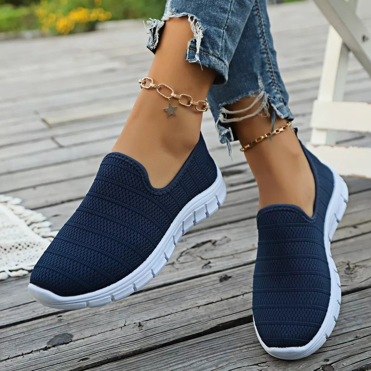 Women’s breathable mesh slip-on casual walking flats by Plush Fashion Hub, lightweight and comfortable shoe for everyday wear.