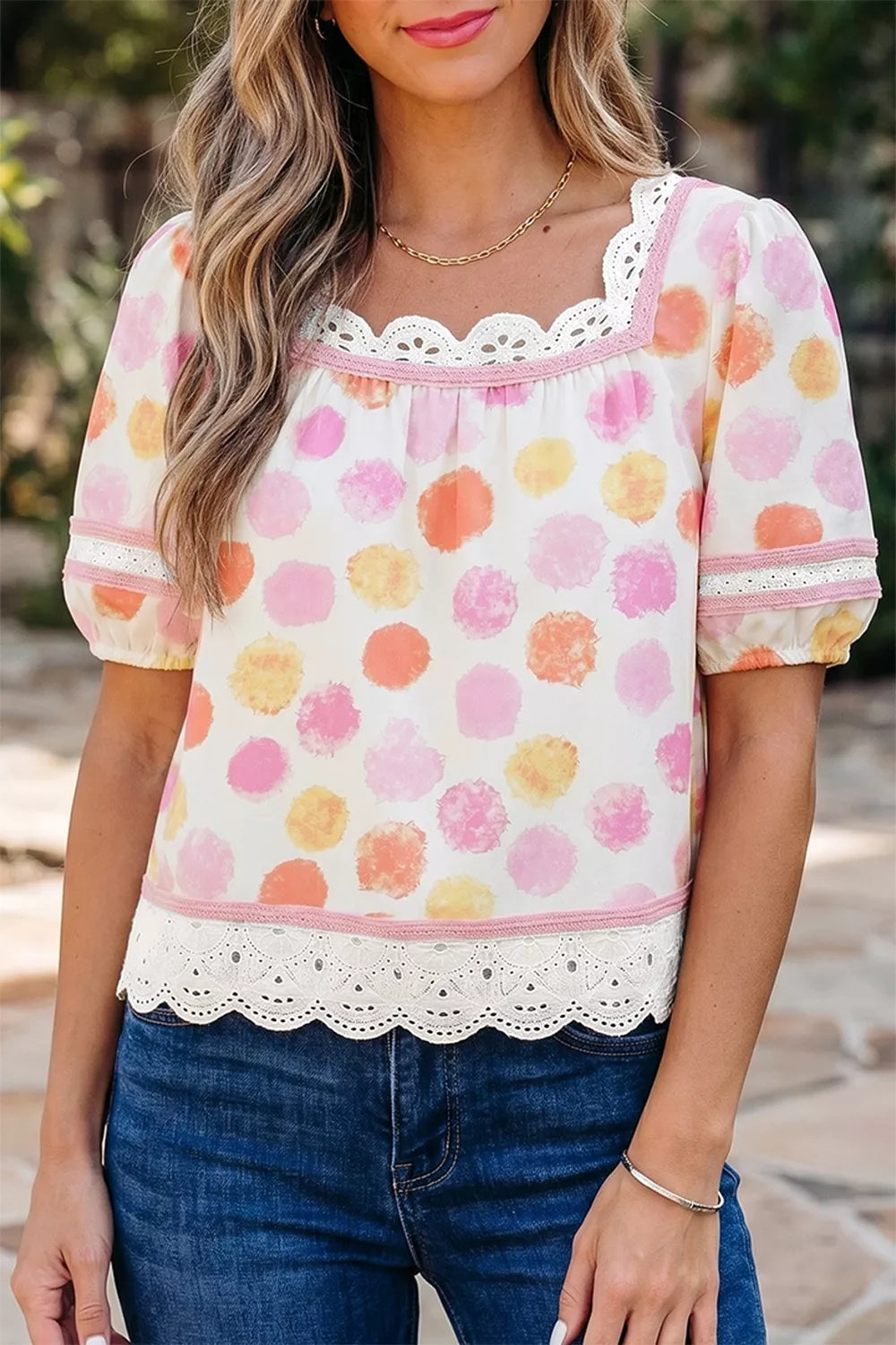 Polka dot lace trim square neck puff sleeve blouse by Plush Fashion Hub, featuring feminine design and lightweight fabric.