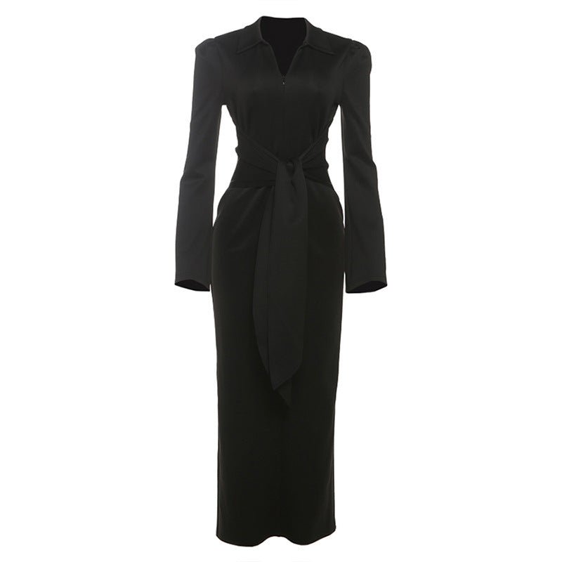 Bella Mia fall women’s slim fit dress with solid color, collared waist, long sleeves, lace-up detail, and zipper closure.