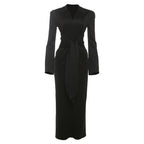 Bella Mia fall women’s slim fit dress with solid color, collared waist, long sleeves, lace-up detail, and zipper closure.