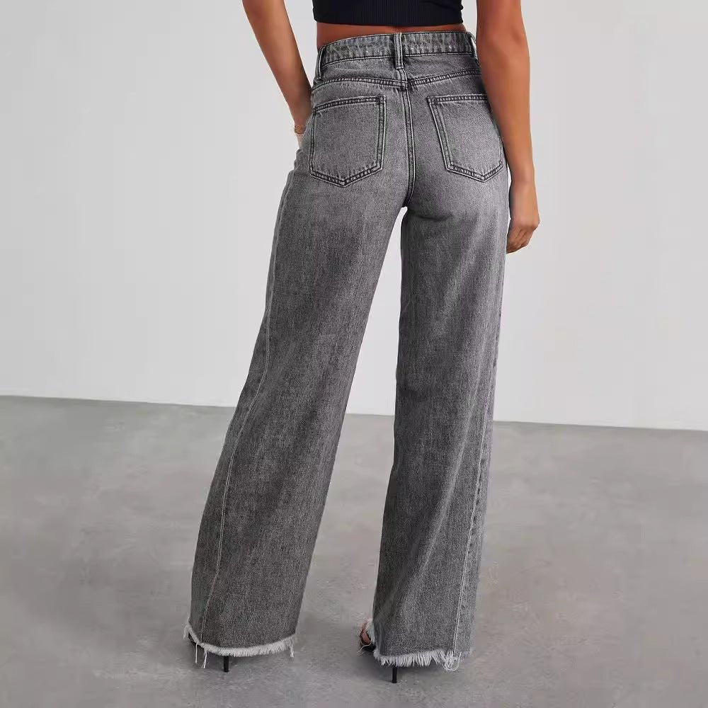 Women's high waist jeans with pockets, slim fit, straight wide-leg style, made by LadyShow. Comfortable and fashionable.