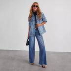 LadyShow Women's high waist jeans with pockets, slim fit straight wide-leg pants, comfortable denim for stylish casual wear.