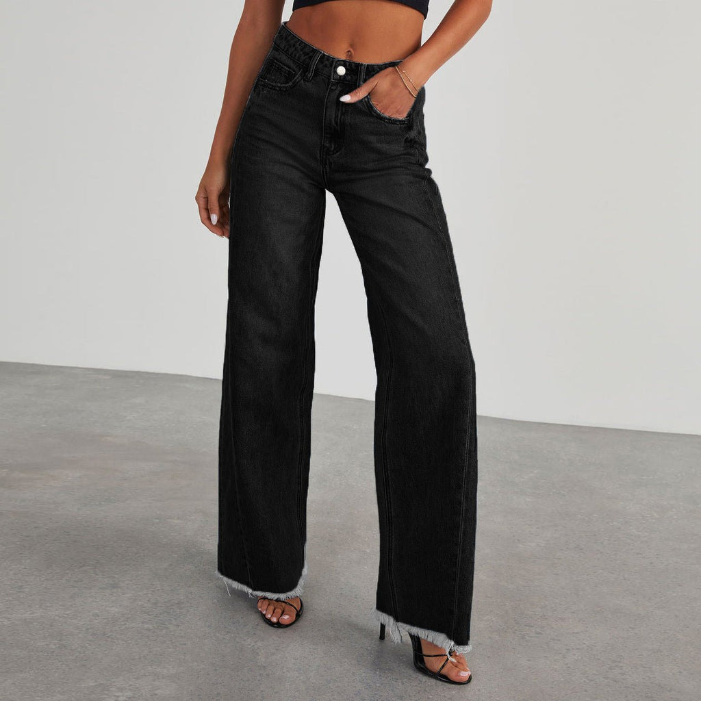 Women's high waist jeans with pockets, slim fit and wide-leg style, featuring a comfortable straight-leg design.