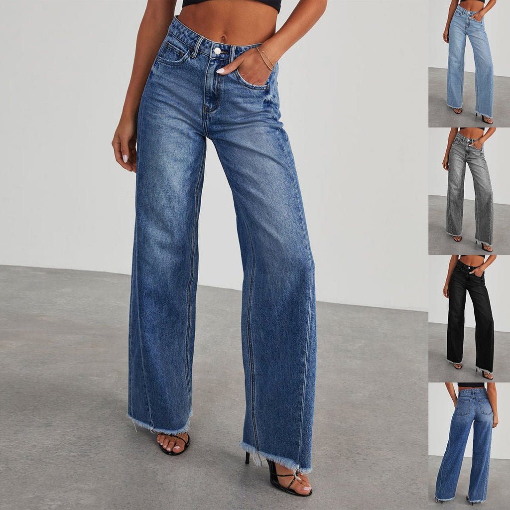 Women's high waist jeans with pockets, slim fit, straight wide-leg style, made by LadyShow.Store.