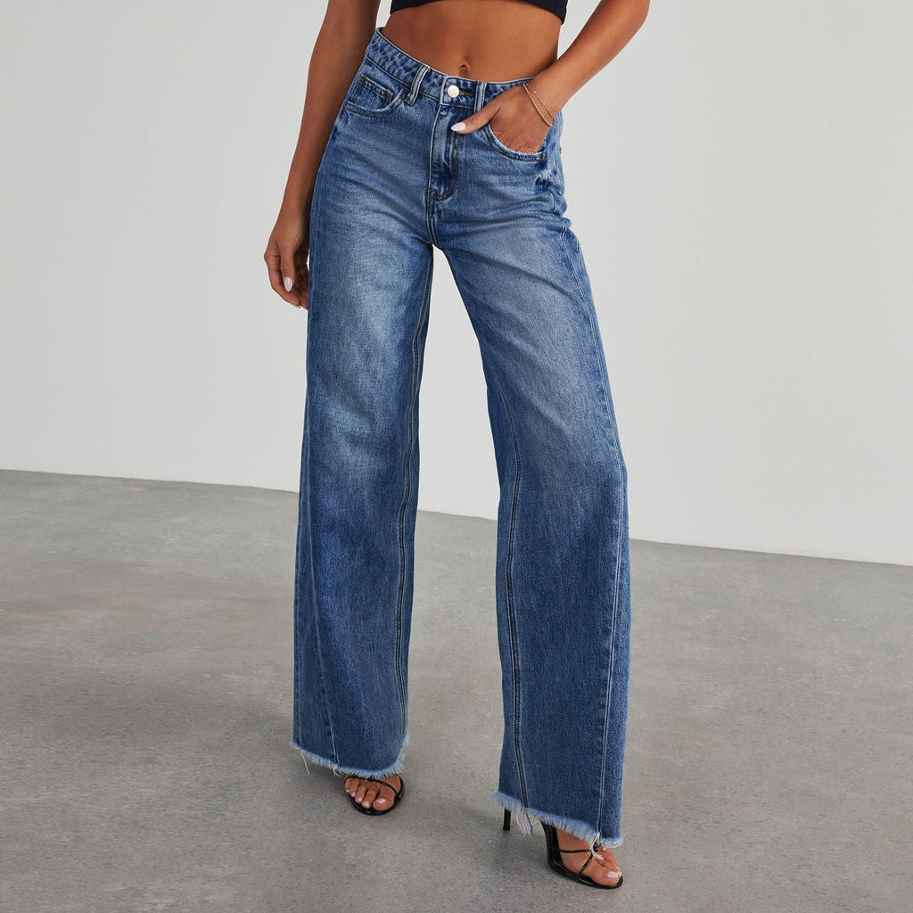 Women's high waist jeans with pockets, slim fit, straight wide-leg style, made by LadyShow.Store, perfect for casual wear.