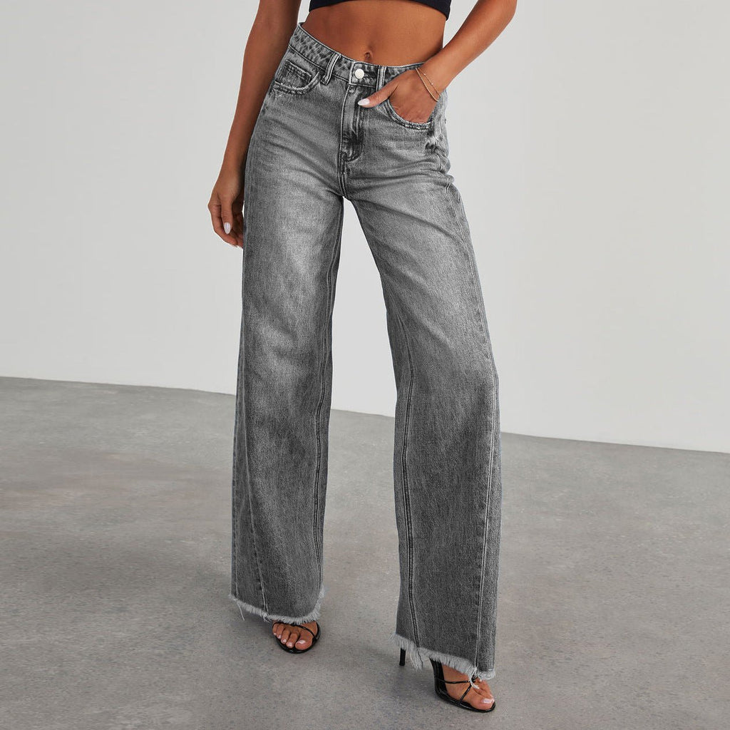 LadyShow.Store high waist jeans with pockets, slim fit straight wide-leg pants for women, stylish and comfortable denim trousers