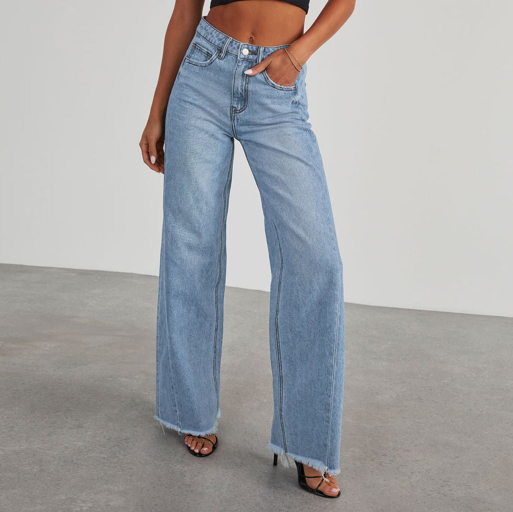 LadyShow high waist jeans with pockets, slim fit, straight wide-leg style, perfect for women's casual fashion.