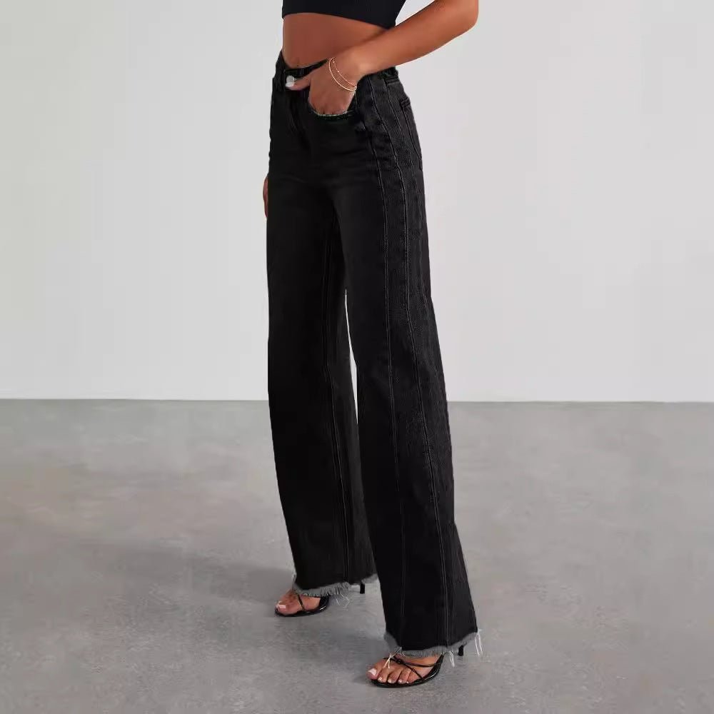 Women's high waist jeans with pockets, slim fit, straight wide-leg style, made by LadyShow.Store, casual and comfortable denim pants.