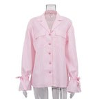 Bella Mia striped French office shirt for women with collar, bell sleeves, and front pockets, perfect for spring and autumn wear.
