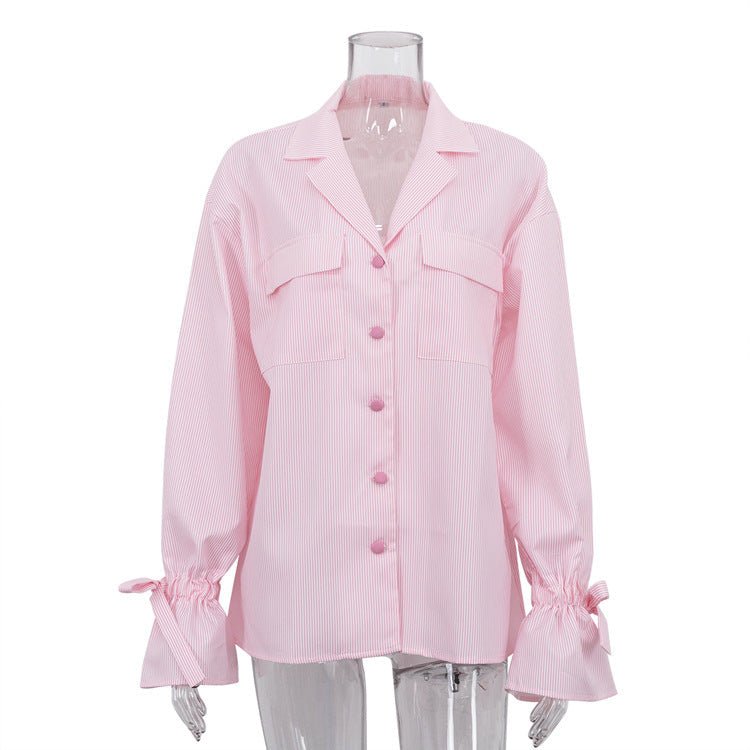Bella Mia striped French office shirt for women with collar, bell sleeves, and front pockets, perfect for spring and autumn wear.