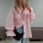 Bella Mia women's striped French office shirt with collared neckline, bell sleeves, and front pockets for spring and autumn.