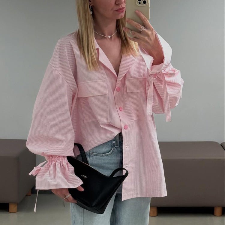 Fashionable striped French shirt for women with bell sleeves, collar, pockets, suitable for spring and autumn, by Plush Fashion Hub.