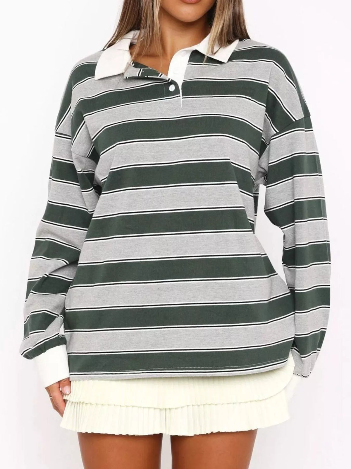Striped long sleeve polo shirt with button details from Plush Fashion Hub, featuring a classic fit and stylish design.
