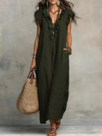 Plush Fashion Hub ruffled V-neck maxi dress with flowing fabric and elegant design, perfect for summer or special occasions.
