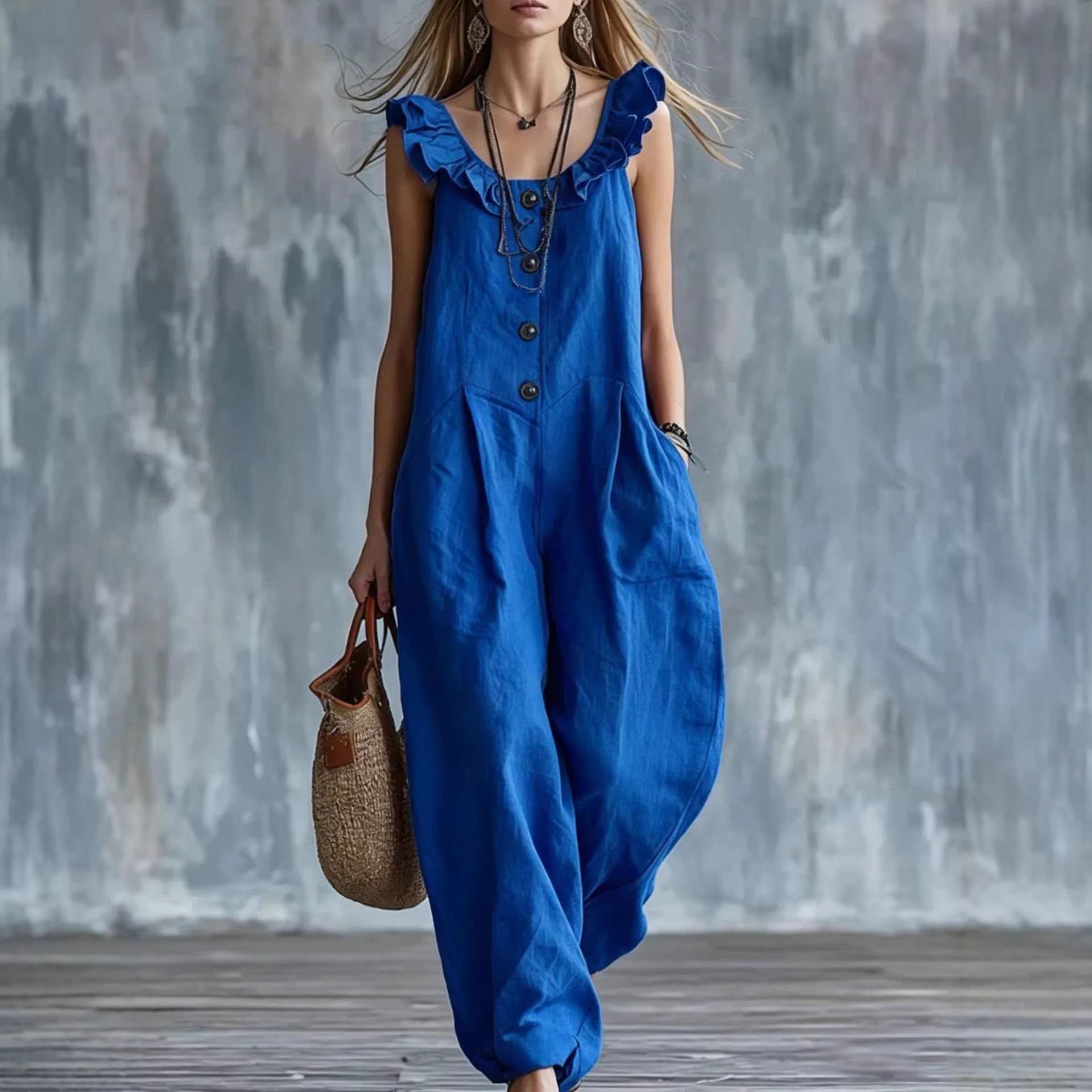 Women's sleeveless button-down tank jumpsuit by FitiqueFit, casualwear with a relaxed fit and stylish design.