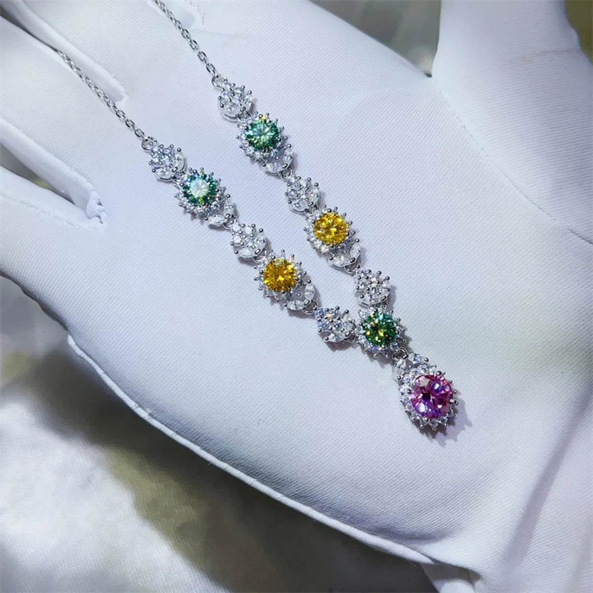Sterling silver necklace with a 3.5 carat moissanite gemstone, featuring a delicate chain and elegant pendant.