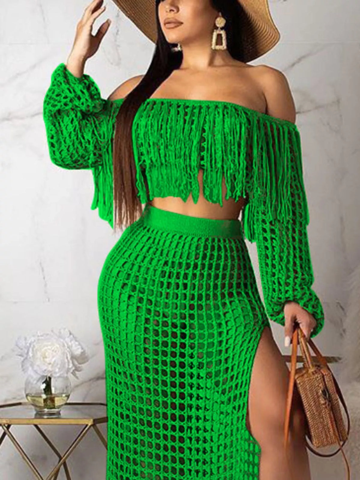 Plus size crochet off-shoulder fringe top and matching skirt set by Plush Fashion Hub, featuring a stylish, full-sized design.