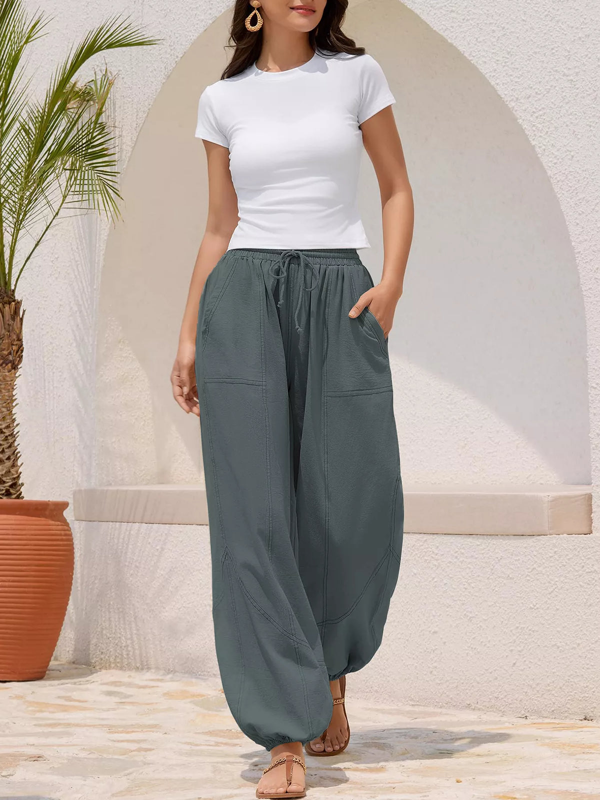 Plush Fashion Hub casual loose fit drawstring harem joggers with relaxed fit and comfortable waistband, shown on a model.