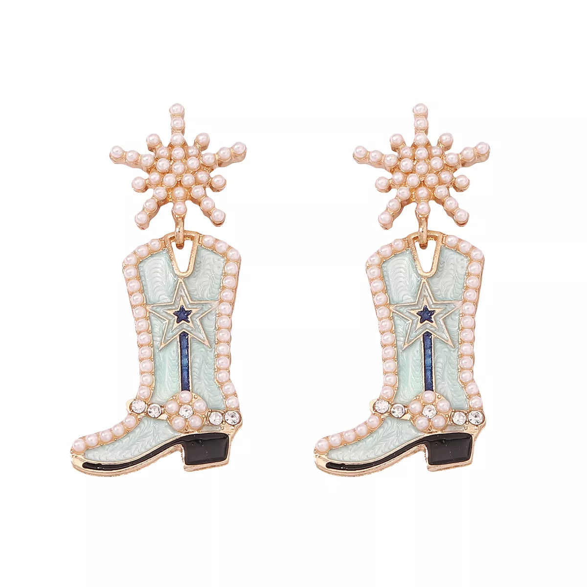 Cowgirl boot dangle earrings with Western-style design, featuring detailed boot charms for stylish fashion accessories.