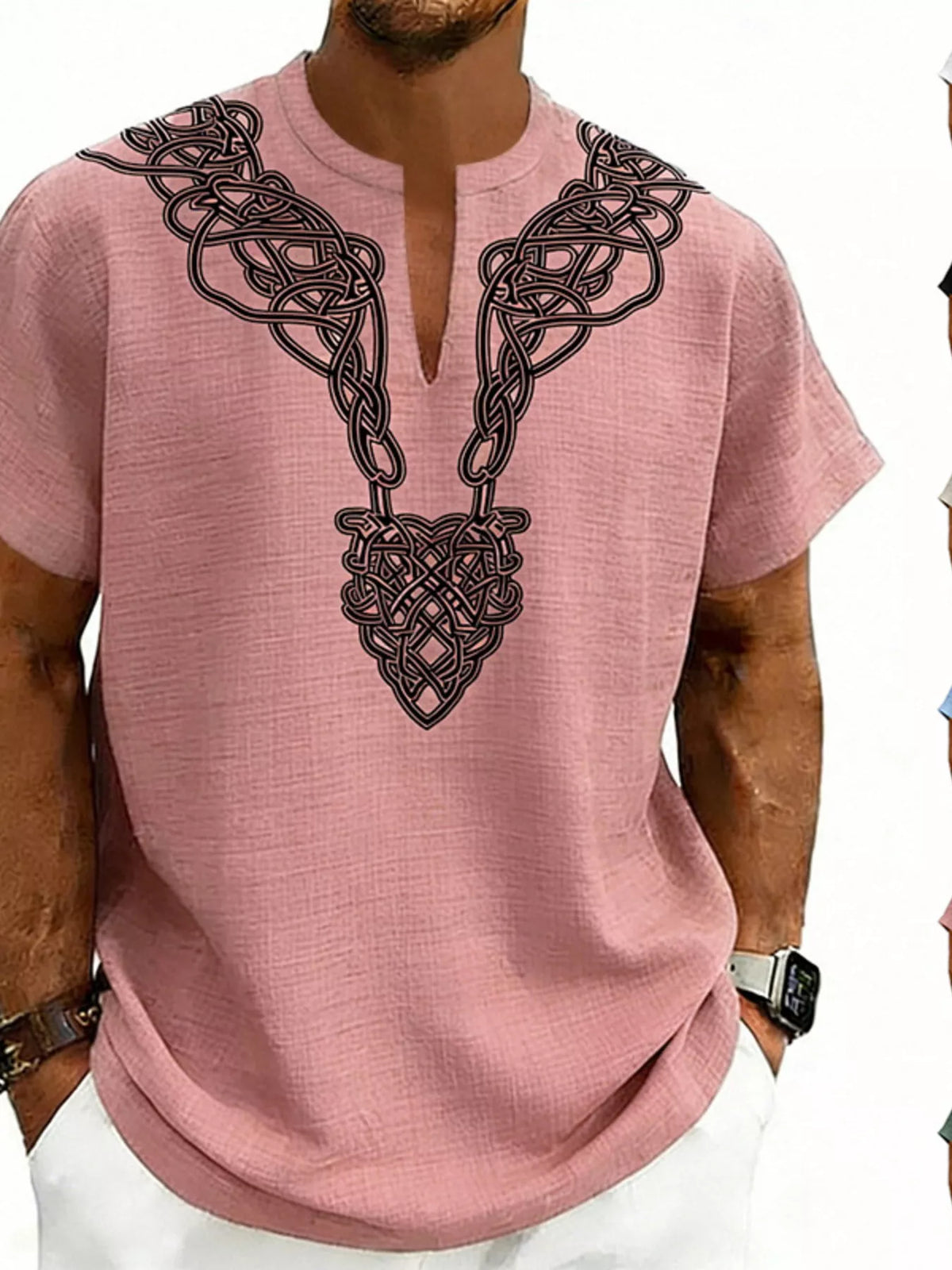 Men's plus size printed short sleeve blouse with notched neckline by Plush Fashion Hub, casual and comfortable for everyday wear.