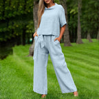 FitiqueFit casualwear two-piece set with round-neck 3/4 sleeve top and matching pants in six colors, available in sizes S to XXL.