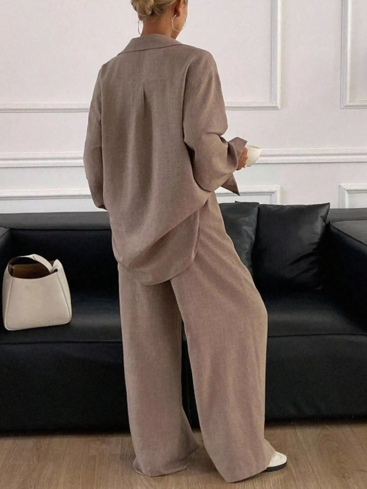 Trendsi long sleeve button-up shirt and wide-leg pants set, casual fashion ensemble, stylish and comfortable outfit for women.