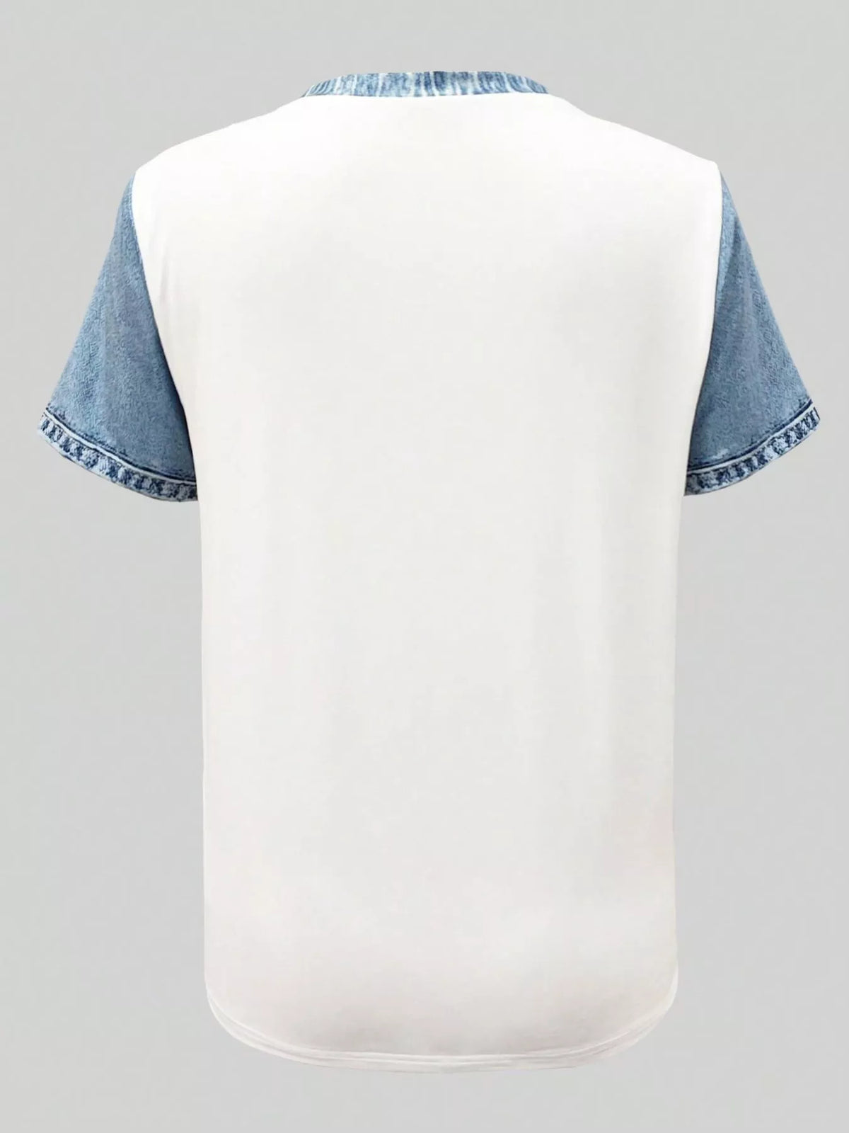 Denim patchwork short sleeve blouse from Plush Fashion Hub featuring mixed denim patches and a casual, stylish design.