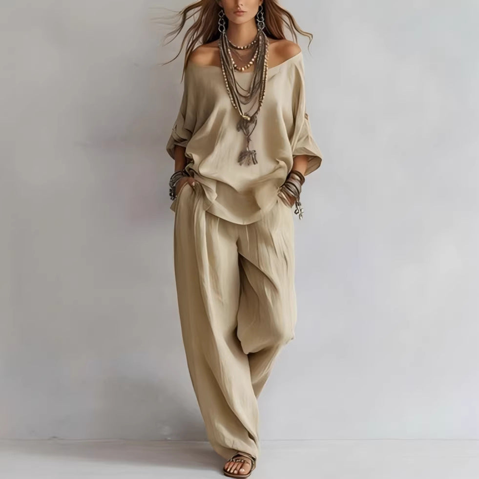 FitiqueFit chiffon puff-sleeve top and wide-leg pants casualwear set in vibrant colors, stylish and comfortable for everyday wear.