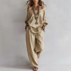 FitiqueFit chiffon puff-sleeve top and wide-leg pants casualwear set in vibrant colors, stylish and comfortable for everyday wear.