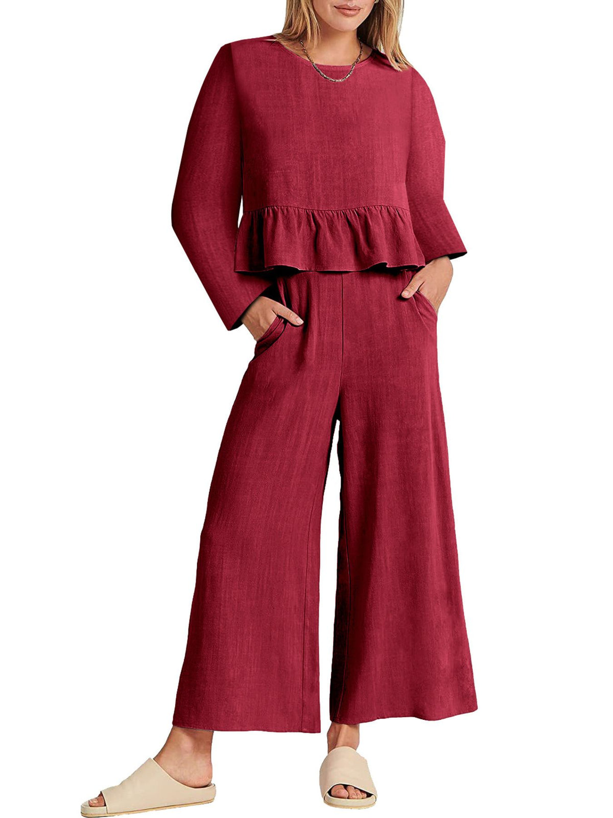 Plush Fashion Hub women's long sleeve ruffled hem top and matching pants lounge set with pockets, casual and comfortable.