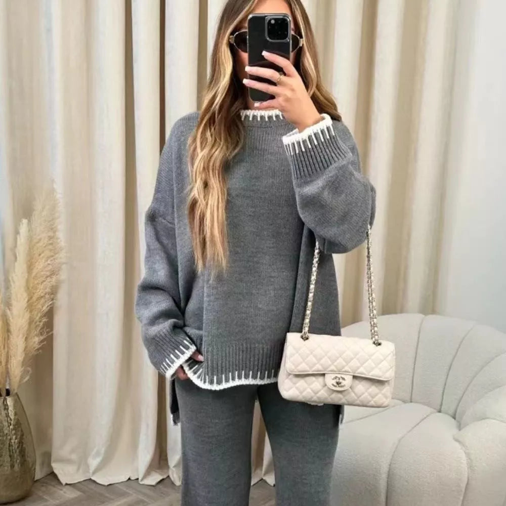 Simply Love contrast trim round neck top and pants sweater set, featuring a cozy knit design and stylish detailing.
